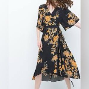 Fifth avenue Black Floral Wrap Midi Dress Sz L